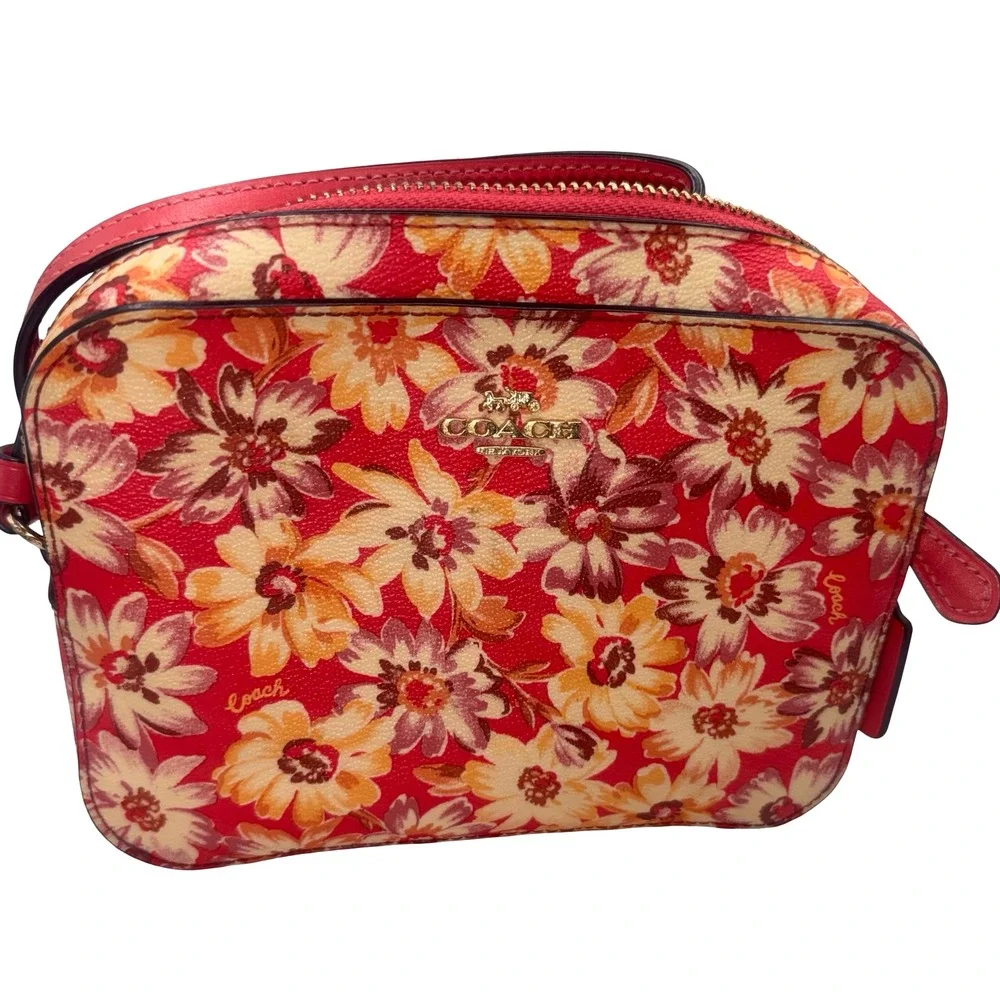 Coach Mini Camera Bag Gold Red Multi Floral Print Crossbody Handbag C8699